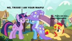 Size: 1600x900 | Tagged: safe, artist:themexicanpunisher, sunset shimmer, trixie, twilight sparkle, alicorn, pony, unicorn, g4, blush sticker, blushing, female, i am your father, implied lesbian, implied shipping, implied sunsetsparkle, lesbian, reference, ship:twixie, shipping, star wars, star wars: the empire strikes back, trio, twilight sparkle (alicorn), waifu