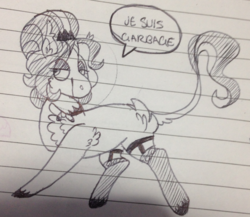 Size: 1906x1658 | Tagged: safe, artist:maximumbark, oc, oc only, oc:princess garbage, classical unicorn, pony, unicorn, butt fluff, chest fluff, cloven hooves, ear fluff, female, french, horn, ink drawing, leg fluff, leonine tail, lidded eyes, lined paper, mare, monochrome, simple background, solo, speech bubble, traditional art, unshorn fetlocks