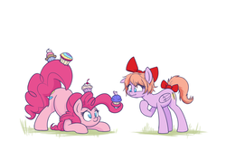 Size: 1500x1000 | Tagged: safe, artist:heir-of-rick, pinkie pie, earth pony, pegasus, pony, g4, bow, cupcake, cute, diapinkes, doki doki literature club!, duo, duo female, female, food, hair bow, mare, ponified, prehensile mane, sayori, simple background, smiling, tail bow