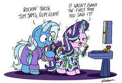 Size: 2353x1608 | Tagged: safe, artist:bobthedalek, starlight glimmer, trixie, pony, unicorn, g4, bathrobe, bathroom, bed mane, clothes, dialogue, duo, female, glim glam, glim glam's jim jams, mare, morning ponies, open mouth, pajamas, robe, simple background, sink, spikebrush, starlight glimmer is not amused, that pony sure does love kites, toothbrush, unamused, white background