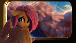 Size: 1920x1080 | Tagged: safe, artist:jengas, artist:miokomata, edit, fluttershy, pony, g4, cute, female, galaxy, mare, science fiction, shyabetes, solo, space, spaceship, spread wings, treasure planet, window, wings