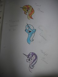 Size: 3000x4000 | Tagged: safe, artist:thr3eguess3s, starlight glimmer, sunset shimmer, trixie, pony, g4, bust, high res, portrait, traditional art