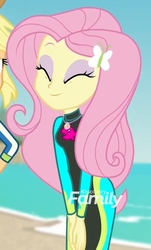 Size: 1265x2100 | Tagged: safe, screencap, applejack, fluttershy, equestria girls, equestria girls series, forgotten friendship, g4, beach, clothes, cropped, cute, eyes closed, female, fluttershy's wetsuit, shyabetes, smiling, solo, swimsuit, wetsuit