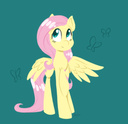 Size: 1149x1116 | Tagged: safe, artist:imaplatypus, part of a set, fluttershy, butterfly, pegasus, pony, g4, cutie mark background, female, green background, looking away, looking up, mare, raised hoof, simple background, smiling, solo, spread wings, wings