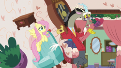 Size: 1280x720 | Tagged: safe, screencap, discord, fluttershy, pony, discordant harmony, g4, clock, clothes, couch, flying, glasses, sweater