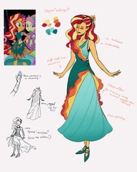 Size: 2400x3000 | Tagged: safe, artist:overlordneon, fluttershy, spike, spike the regular dog, sunset shimmer, dog, human, equestria girls, g4, my little pony equestria girls: legend of everfree, alternate design, alternate hairstyle, beautiful, breasts, clothes, concept art, crystal gala, dress, eyes closed, hair, hairpin, high res, lips, older, older sunset, redesign, shoes, sleeveless, smiling, sparkling, sparkly, sparkly dress, woman