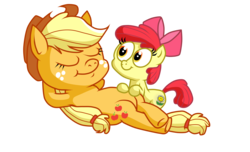 Size: 3000x1818 | Tagged: safe, artist:luuandherdraws, apple bloom, applejack, earth pony, pony, .mov, g4, arm behind head, armpits, jappleack, on back, pony.mov, simple background, transparent background