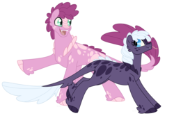 Size: 1500x1000 | Tagged: safe, artist:faith-wolff, oc, oc only, dracony, hybrid, commission, duo, female, male, mare, offspring, parent:pinkie pie, parent:spike, parents:pinkiespike, scales, siblings, simple background, stallion, unshorn fetlocks, white background