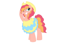 Size: 1500x1000 | Tagged: safe, artist:faith-wolff, oc, oc only, earth pony, pony, clothes, commission, cowboy hat, female, hat, magical lesbian spawn, mare, offspring, one eye closed, parent:applejack, parent:pinkie pie, parents:applepie, poncho, simple background, solo, white background