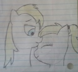 Size: 1440x1330 | Tagged: safe, oc, oc only, oc:aryanne, oc:luftkrieg, earth pony, pony, aryan, aryan pony, blonde, cute, duo, female, forehead kiss, lined paper, mare, mother and daughter, nazipone, traditional art