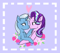 Size: 1219x1092 | Tagged: safe, artist:snovit321, starlight glimmer, trixie, g4, boop, chest fluff, crossed horns, curved horn, female, flower, heart, horn, horns are touching, lesbian, looking at each other, noseboop, ship:startrix, shipping
