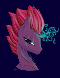 Size: 2975x3850 | Tagged: safe, artist:pencilmelody, tempest shadow, pony, unicorn, g4, my little pony: the movie, blue background, broken horn, bust, digital art, eye scar, female, glowing horn, high res, horn, magic, scar, simple background, solo, sparking horn