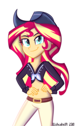 Size: 540x900 | Tagged: dead source, safe, artist:wubcakeva, sunset shimmer, dance magic, equestria girls, equestria girls specials, g4, belly button, clothes, cowboy hat, female, front knot midriff, hand on hip, hat, looking at you, midriff, pants, simple background, smiling, solo, stetson, transparent background
