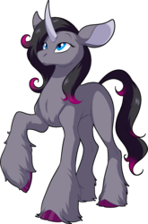 Size: 1295x1959 | Tagged: safe, artist:fizzy-dog, oleander (tfh), classical unicorn, pony, unicorn, them's fightin' herds, colored hooves, community related, curved horn, female, horn, looking up, mare, raised hoof, simple background, solo, transparent background, unshorn fetlocks