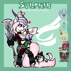 Size: 1000x1000 | Tagged: safe, artist:pastel-pony-princess, oc, oc only, oc:sylphie, cat, blushing, clothes, cute, glaive, heart, heart eyes, monster hunter, simple background, solo, weapon, wingding eyes