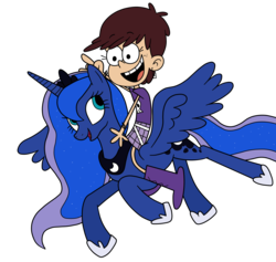 Size: 1981x1876 | Tagged: safe, artist:eagc7, princess luna, alicorn, human, pony, g4, crossover, female, humans riding ponies, luna loud, mare, namesake, nickelodeon, request, requested art, rider, riding, simple background, the loud house, transparent background