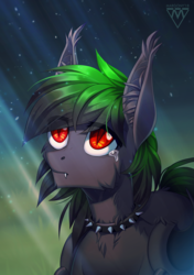 Size: 916x1300 | Tagged: safe, artist:margony, oc, oc only, bat pony, pony, vampire, bat pony oc, chest fluff, collar, commission, crying, cute, cute little fangs, ear fluff, fangs, looking up, male, night, sad, signature, solo, stallion, stars, teary eyes