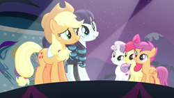 Size: 1280x720 | Tagged: safe, screencap, apple bloom, applejack, coloratura, scootaloo, sweetie belle, g4, the mane attraction, cutie mark crusaders, flag of equestria, stage
