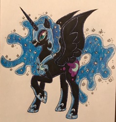 Size: 2843x2981 | Tagged: safe, artist:bozzerkazooers, nightmare moon, alicorn, pony, g4, ethereal mane, female, high res, mare, raised hoof, simple background, solo, starry mane, traditional art, white background