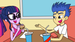 Size: 2143x1207 | Tagged: safe, artist:eagc7, flash sentry, sci-twi, twilight sparkle, human, equestria girls, g4, burger, clothes, commission, date, female, food, hamburger, male, ponytail, ship:flashlight, ship:sci-flash, shipping, shirt, sleeveless, soda, straight, tank top