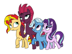 Size: 2592x1936 | Tagged: safe, artist:eagc7, fizzlepop berrytwist, starlight glimmer, sunset shimmer, tempest shadow, trixie, pony, unicorn, g4, my little pony: the movie, art trade, broken horn, counterparts, eye scar, female, horn, mare, scar, simple background, transparent background, twilight's counterparts, walking