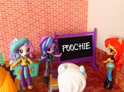 Size: 1417x1053 | Tagged: safe, artist:whatthehell!?, adagio dazzle, princess celestia, principal celestia, starlight glimmer, sunset shimmer, trixie, equestria girls, g4, boots, chair, chalkboard, classroom, clothes, desk, doll, dress, equestria girls minis, gem, irl, jacket, pants, photo, poochie, shoes, skirt, toy