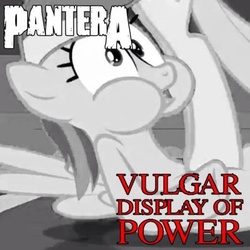 Size: 580x580 | Tagged: safe, edit, edited screencap, screencap, fluttershy, rainbow dash, dragon quest, g4, abuse, album cover, dashabuse, grayscale, monochrome, pantera, stomping