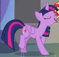 Size: 553x535 | Tagged: safe, screencap, sunset shimmer, twilight sparkle, alicorn, equestria girls, equestria girls specials, g4, my little pony equestria girls: better together, my little pony equestria girls: forgotten friendship, cropped, eyes closed, open mouth, pose, raised hoof, raised leg, solo focus, twilight sparkle (alicorn)