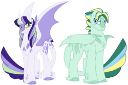 Size: 1500x1000 | Tagged: safe, artist:faith-wolff, oc, oc only, alicorn, dracony, hybrid, pony, alicorn oc, commission, dracony alicorn, duo, female, half-siblings, interspecies offspring, male, mare, offspring, parent:rainbow dash, parent:spike, parent:twilight sparkle, parents:rainbowspike, parents:twispike, scales, simple background, stallion, unshorn fetlocks, white background, wing claws