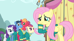 Size: 1280x720 | Tagged: safe, screencap, big macintosh, fluttershy, rarity, toe-tapper, torch song, earth pony, pegasus, pony, unicorn, filli vanilli, g4, bow ties, male, ponytones outfit, stallion, the ponytones
