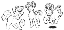 Size: 976x464 | Tagged: safe, artist:gabrielcoroum, part of a set, apple bloom, scootaloo, sweetie belle, earth pony, pegasus, pony, unicorn, g4, black and white, blank flank, bow, chubby, chubby bloom, cutie mark crusaders, fat, female, filly, grayscale, grin, hair bow, monochrome, part of a series, plump, pronking, sequence, simple background, smiling, smirk, stretch mark crusaders, sweetie belly, trio, white background