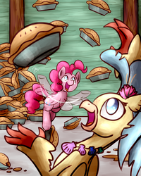 Size: 1024x1280 | Tagged: safe, artist:sugar morning, pinkie pie, princess skystar, classical hippogriff, earth pony, hippogriff, pony, g4, my little pony: the movie, commission, dirty, food, jewelry, juggling, necklace, pie, pies, seashell, silly, silly pony, weird