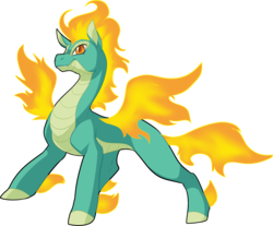 Size: 2288x1891 | Tagged: safe, artist:fizzy-dog, tianhuo (tfh), longma, them's fightin' herds, community related, fangs, female, fiery wings, mane of fire, simple background, smiling, solo, transparent background
