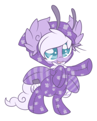 Size: 1360x1688 | Tagged: safe, artist:starlightlore, oc, oc only, oc:dandelion, mothpony, original species, bipedal, check em, cute, female, filly, onesie, open mouth, pointing, simple background, solo, transparent background