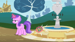 Size: 600x338 | Tagged: safe, screencap, amethyst star, rainbow dash, sparkler, pony, g4, the mysterious mare do well, angry, animated, dexterous hooves, female, food, fountain, gif, glare, jar, levitation, magic, peanut butter, telekinesis