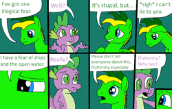 Size: 1014x646 | Tagged: safe, artist:didgereethebrony, spike, oc, oc:didgeree, comic:wreck of the renaissance, g4, dialogue, simple background, speech bubble