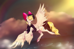 Size: 2454x1629 | Tagged: safe, artist:mirtalimeburst, songbird serenade, pegasus, pony, g4, my little pony: the movie, bow, clothes, concave belly, female, flying, hair bow, hair covering face, hooves, mare, open mouth, realistic horse legs, slender, solo, sternocleidomastoid, thin, turned head