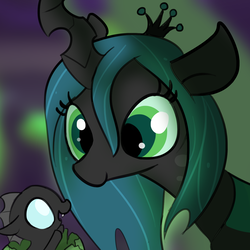 Size: 1650x1650 | Tagged: safe, artist:tjpones, queen chrysalis, changeling, changeling larva, changeling queen, g4, baby, blurry background, changeling egg, changeling hive, crown, cute, cutealis, cuteling, duo, egg, fangs, female, green eyes, grub, hatchling, horn, jewelry, male, mommy chrissy, mother, mother and son, open mouth, regalia, smiling, sweet dreams fuel