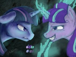 Size: 1148x870 | Tagged: safe, artist:kukseleg, starlight glimmer, twilight sparkle, alicorn, pony, unicorn, g4, the cutie map, angry, duo, female, looking at each other, magic, mare, s5 starlight, staff, staff of sameness, telekinesis, twilight sparkle (alicorn), wip