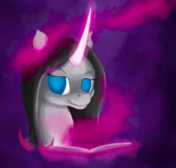 Size: 1024x980 | Tagged: safe, artist:insanerobocat, oleander (tfh), classical unicorn, pony, unicorn, them's fightin' herds, book, community related, dark magic, female, horn, magic, smiling, solo, spellbook, unicornomicon