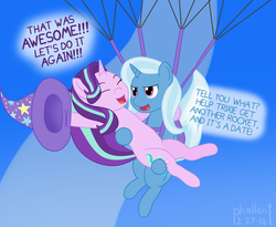 Size: 2244x1840 | Tagged: safe, artist:phallen1, starlight glimmer, trixie, pony, unicorn, g4, aftermath, bridal carry, cheering, clothes, dialogue, eyes closed, falling, female, guardians of harmony, hat, mare, midair, parachute, smoke, toy, toy interpretation, trixie's hat, trixie's rocket