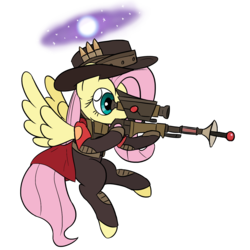 Size: 1460x1460 | Tagged: safe, artist:phat_guy, derpibooru exclusive, fluttershy, pegasus, pony, g4, aiming, belt, bullet, cape, clothes, crossover, female, flying, gloves, gun, hat, hoof hold, hooves, jacket, laser gun, mare, neutron star, optical sight, pants, patch, rifle, scope, simple background, sniper, sniper (tf2), sniper rifle, snipershy, solo, space, spread wings, stars, team fortress 2, transparent background, unusual hat, video game, weapon, wings