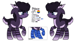 Size: 1024x557 | Tagged: safe, artist:venomns, oc, oc only, oc:prince, earth pony, pony, clothes, deer tail, horns, male, reference sheet, simple background, socks, solo, stallion, striped socks, transparent background