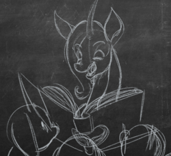 Size: 662x604 | Tagged: artist needed, safe, oleander (tfh), classical unicorn, pony, unicorn, them's fightin' herds, bedtime story, black and white, book, community related, female, grayscale, horn, kids, monochrome, reading, sketch, this will end in tears