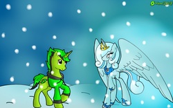 Size: 1280x800 | Tagged: safe, artist:9987neondraws, oc, oc only, oc:neon, oc:snowdrop, alicorn, pony, unicorn, alicorn oc, alicornified, clothes, hoodie, horn, male, older snowdrop, princess snowdrop, race swap, snow, snowfall, stallion, unicorn oc, wings