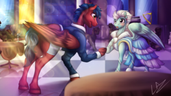 Size: 3840x2160 | Tagged: safe, artist:lupiarts, fleetfoot, oc, g4, blushing, canon x oc, castle, clothes, commission, dress, female, gala dress, high res, male, offering, open mouth, raised hoof, shipping, signature, straight, underhoof