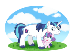 Size: 1537x1154 | Tagged: safe, artist:doodledaydreamer, princess flurry heart, shining armor, alicorn, pony, unicorn, g4, baby, baby pony, father and daughter, female, filly, foal, male, stallion