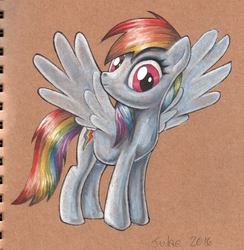 Size: 900x921 | Tagged: safe, artist:andpie, rainbow dash, pegasus, pony, g4, female, looking at you, mare, signature, simple background, solo, spread wings, traditional art, wings