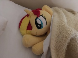 Size: 4032x3024 | Tagged: safe, artist:epicrainbowcrafts, sunset shimmer, pony, unicorn, g4, bed, blanket, irl, photo, plushie