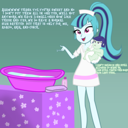 Size: 1280x1280 | Tagged: safe, artist:gamerpen, blueberry cake, sonata dusk, equestria girls, g4, age regression, angry, baby, bath, diaper, nurse, nurse outfit, poofy diaper, tumblr